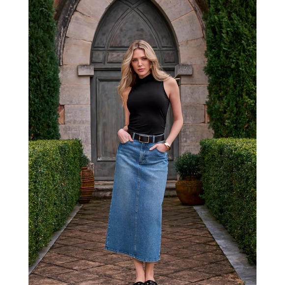 Boston Proper Denim 5 Pocket Midi Skirt Size 14 Back Slit 2CM9130 Medium Wash - Picture 1 of 16